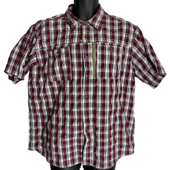 Haband Travelers Button Up Shirt Mens Size L Burgundy White Plaid Short Sleeves - Picture 1 of 5